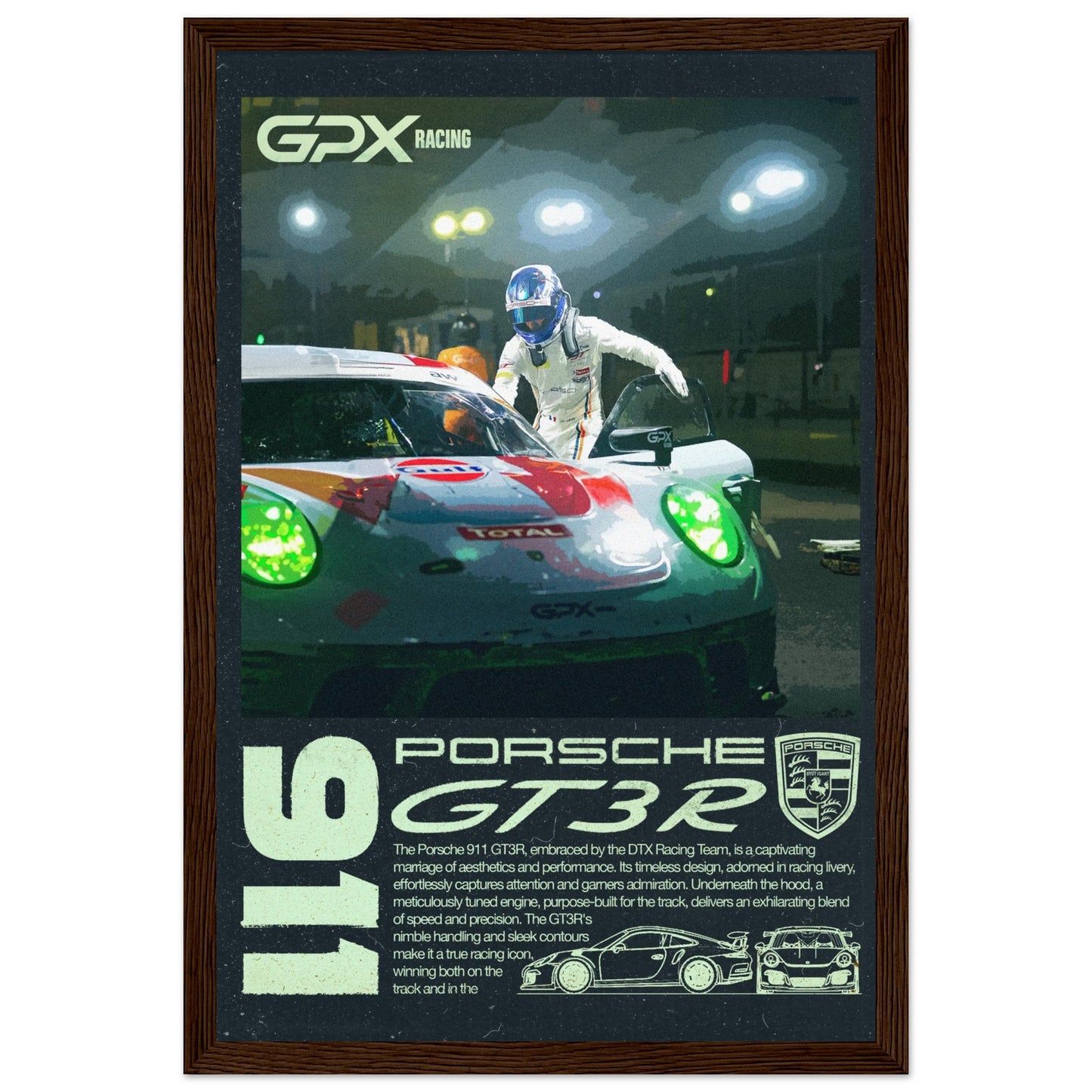 Porsche 911 GT3R Poster - Dark, 4 Frame Options