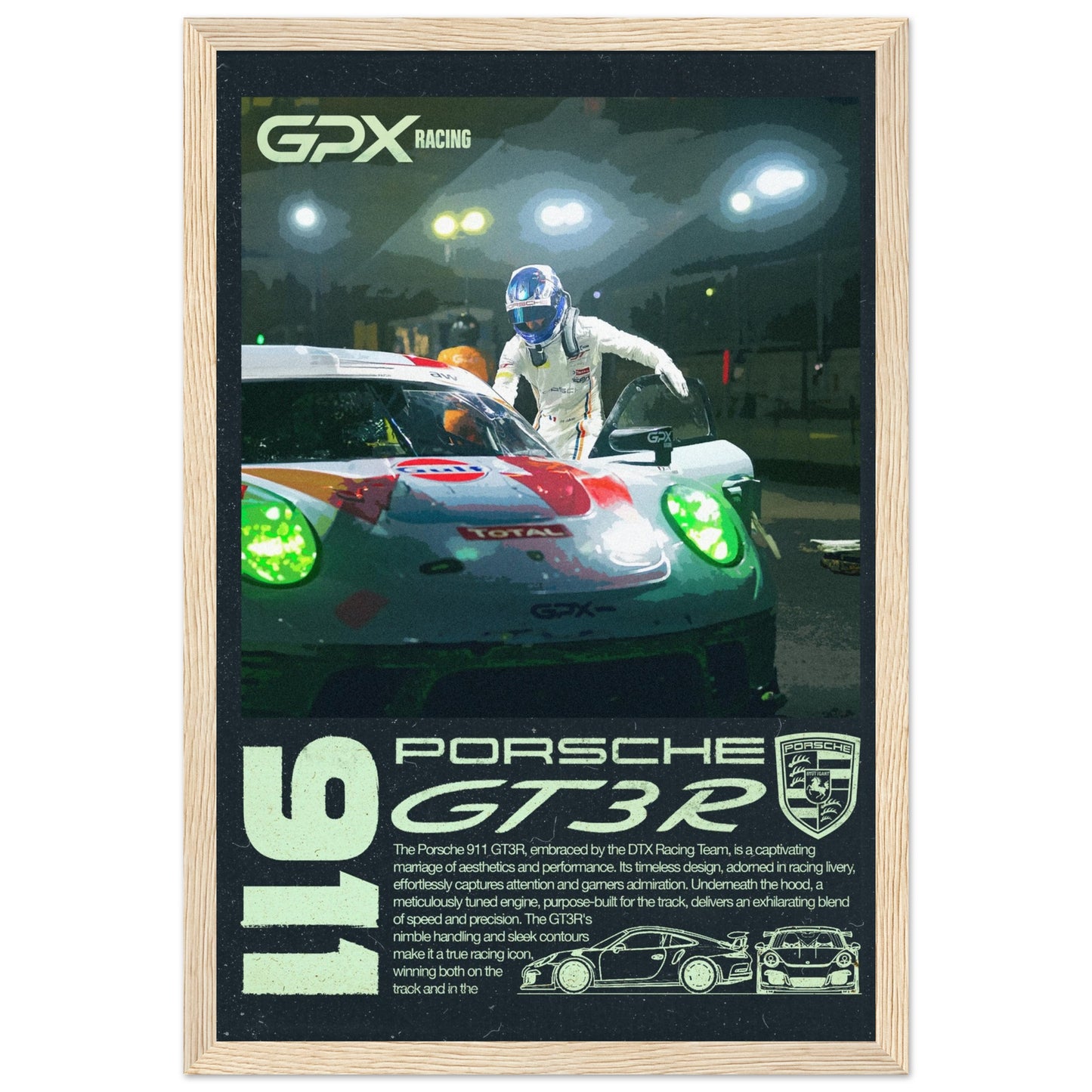 Porsche 911 GT3R Poster - Dark, 4 Frame Options