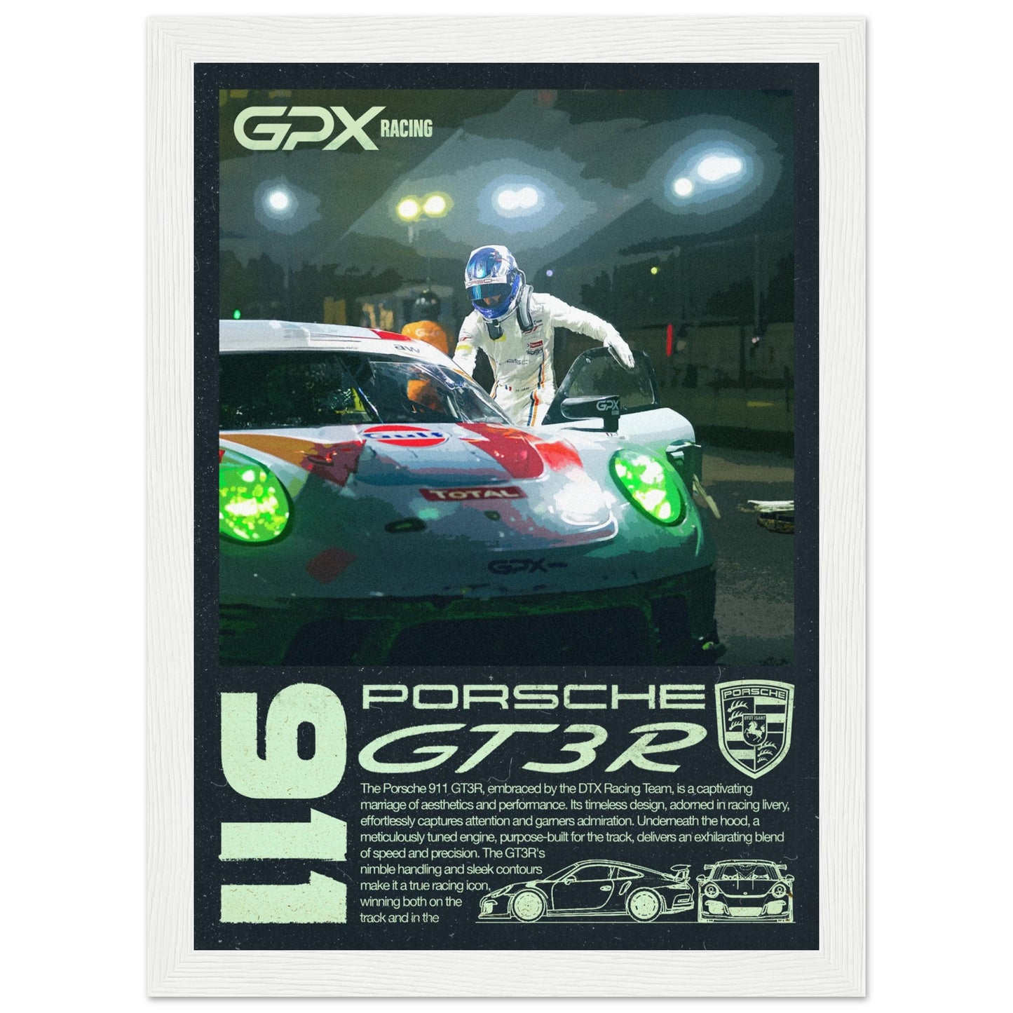 Porsche 911 GT3R Poster - Dark, 4 Frame Options
