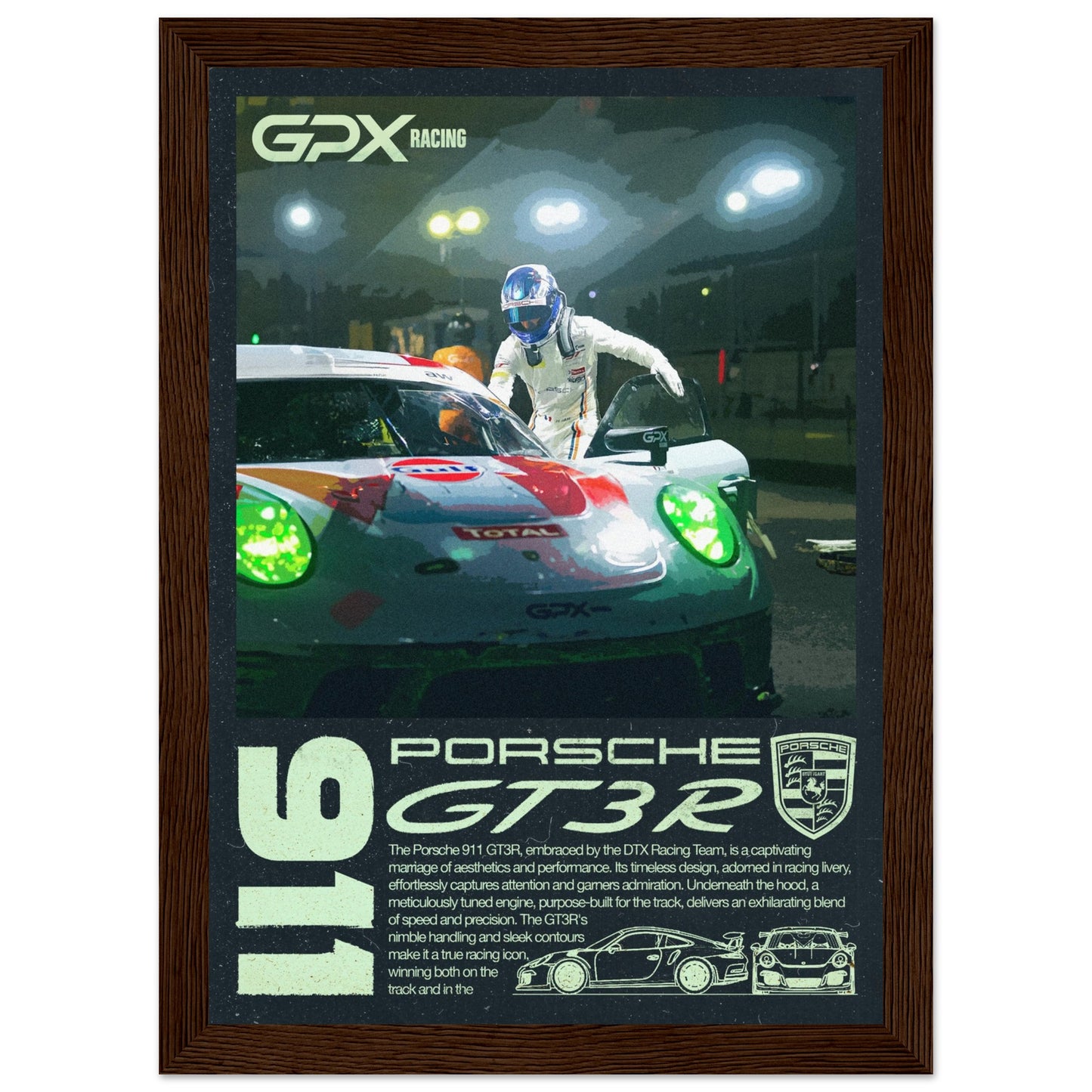 Porsche 911 GT3R Poster - Dark, 4 Frame Options
