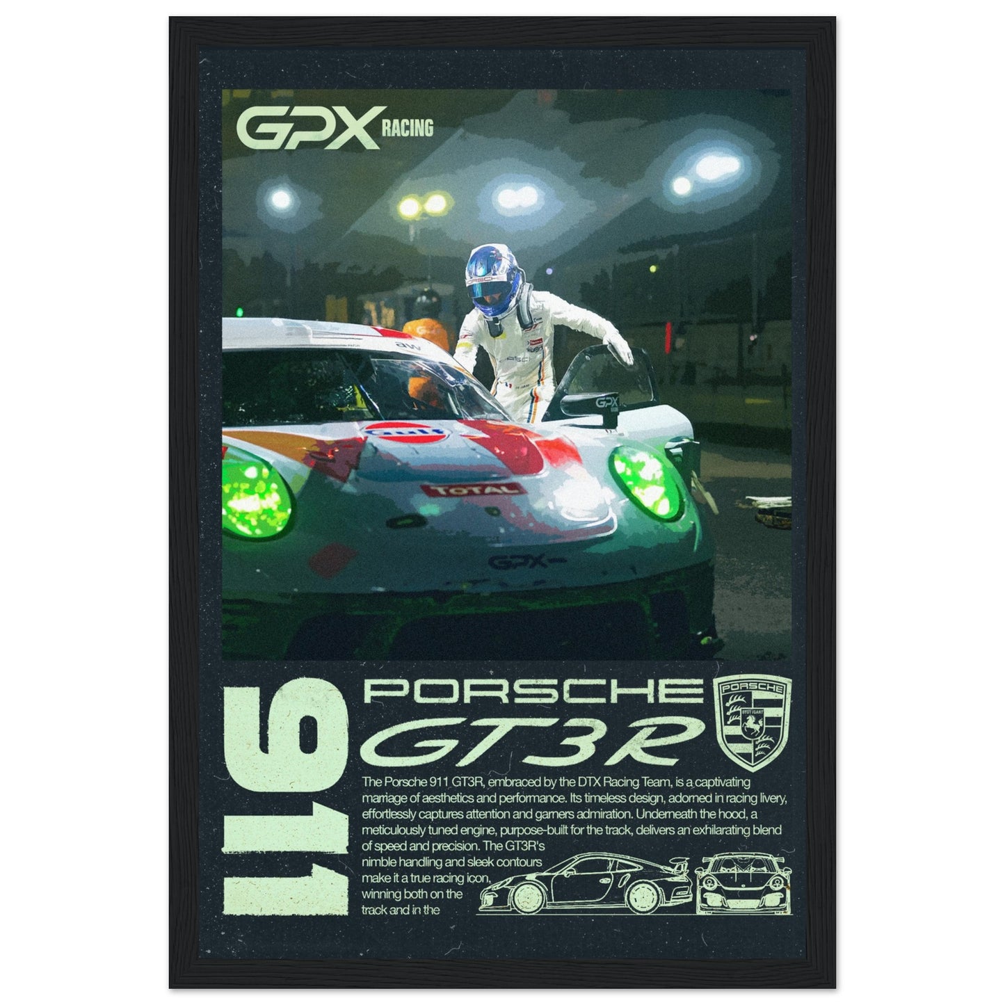 Porsche 911 GT3R Poster - Dark, 4 Frame Options